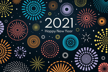 Colorful fireworks 2021 Happy New Year vector illustration, bright on dark blue background, with text. Flat style abstract geometric design. Concept for holiday greeting card, poster, banner, flyer.