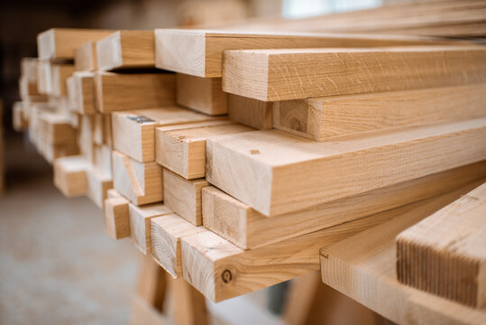 Pile of pine planks at the warehouse