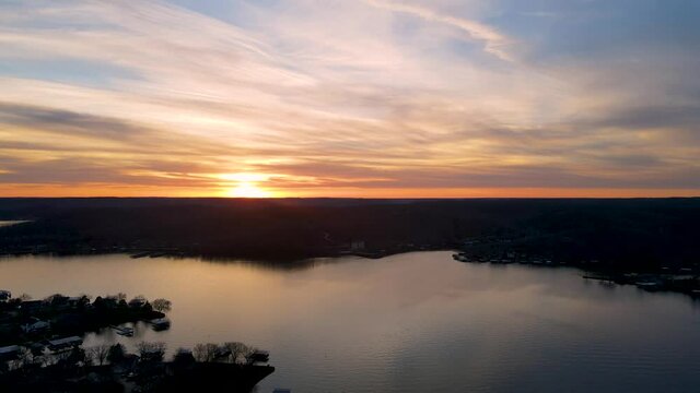 Missouri Sunset over Beautiful Ozarks Lake Reservoir, Aerial Establishing