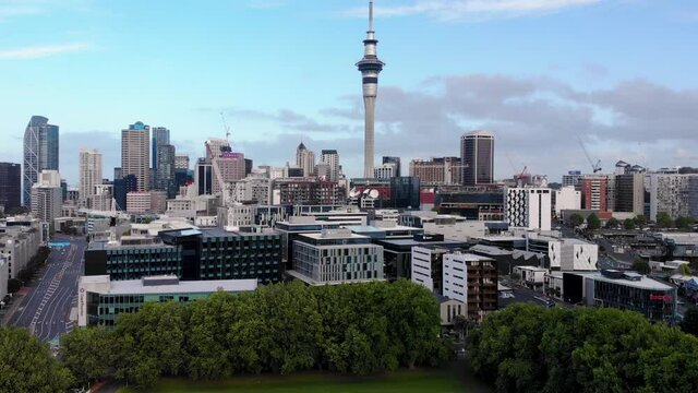 Auckland CBD, skycrapers and tall office buildings aerial look up shot. Evening natural light.