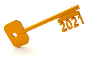 Concept key with new year 2021 isolated on white