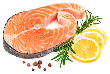 slice of raw fish, salmon, trout, steak, with rosemary and lemon isolated on white background, full depth of field