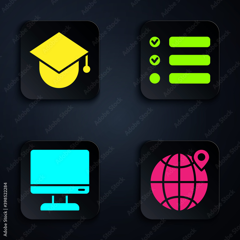 Aufkleber set location on the globe, graduation cap on globe, computer monitor screen and task list. black squ