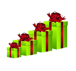 Green gift box set vector isolated on white background. Set of 3D gift boxes with red bows and ribbons.