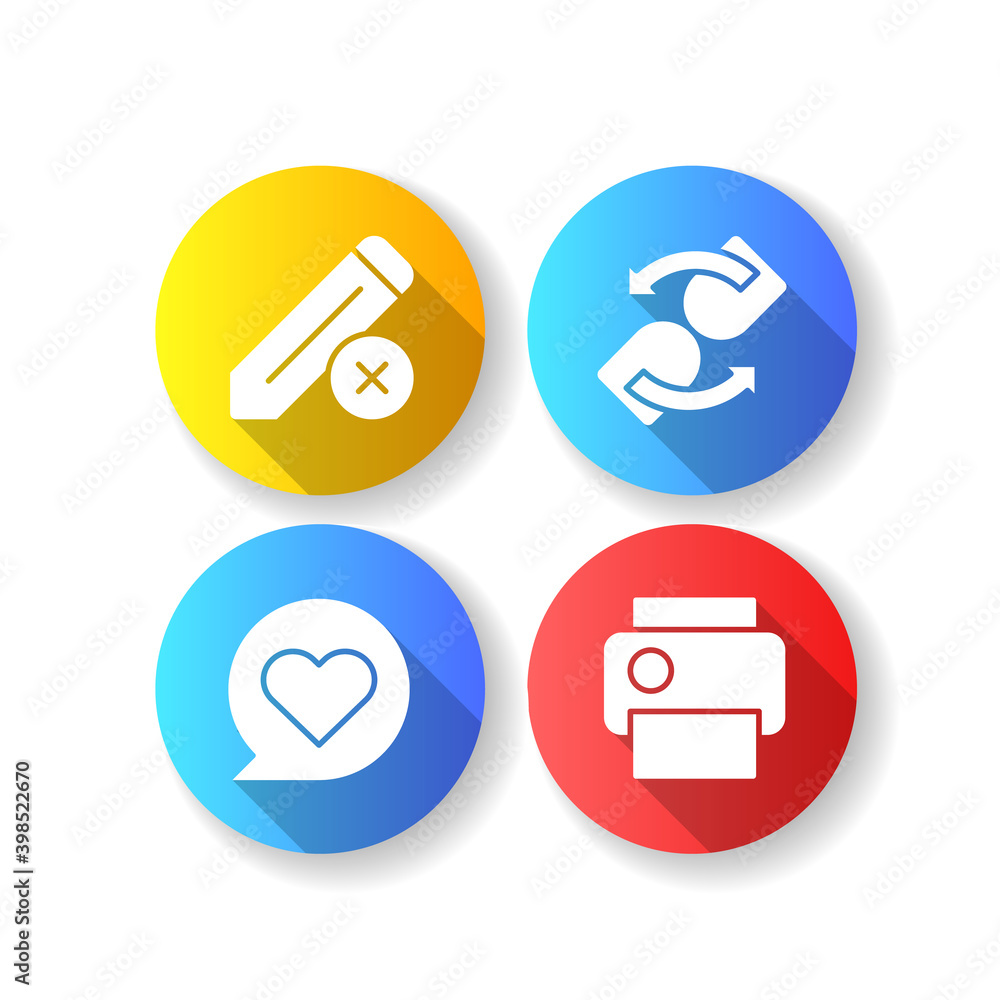 Poster modern interface flat design long shadow glyph icons set. downloading information from remote cloud 