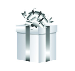 Silver ribbon gift box vector isolated on white background. 3D gift box with bow and ribbon.