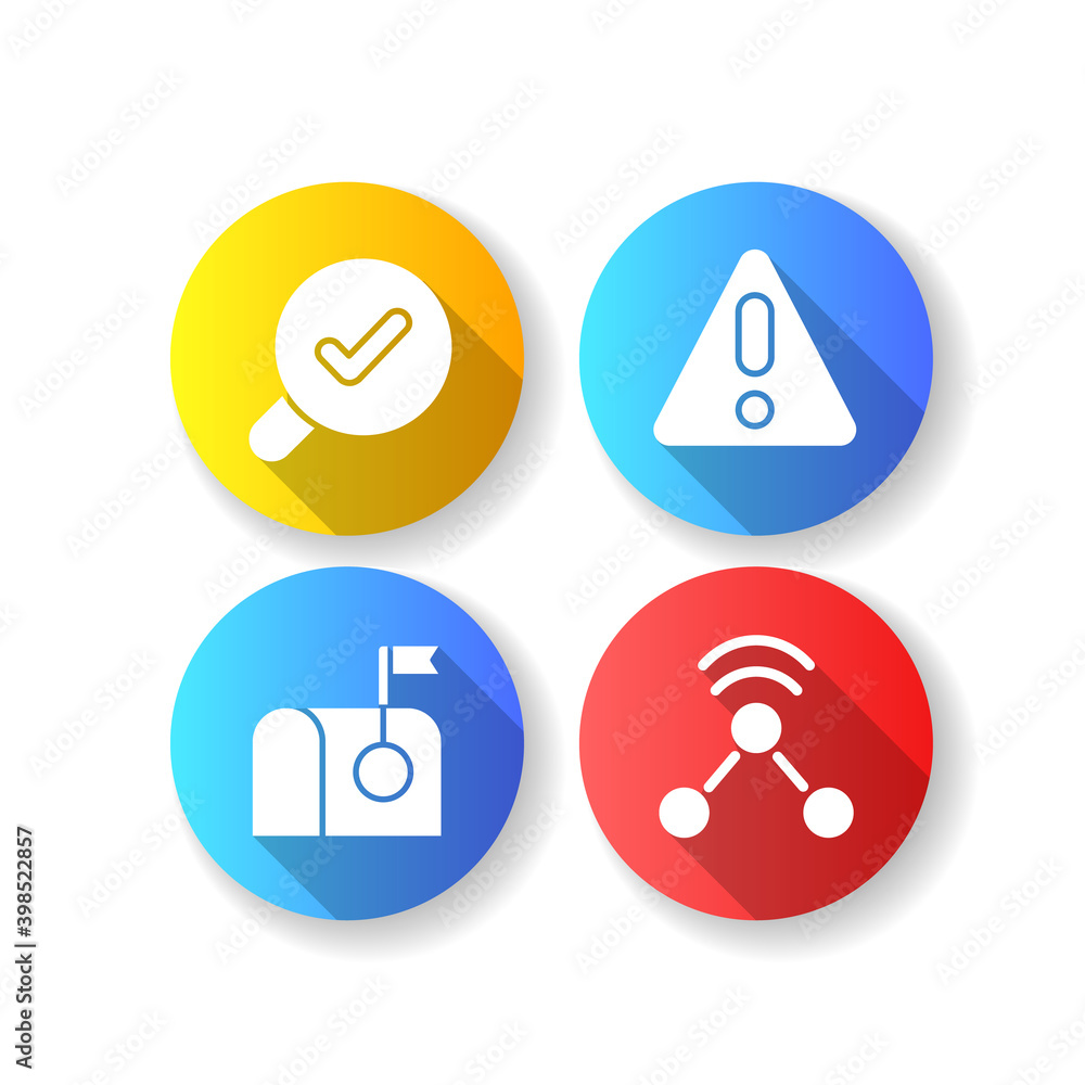 Poster modern interface usage flat design long shadow glyph icons set. dangerous meassage for helping user.