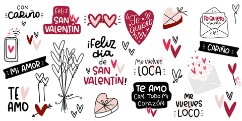 Valentines day common Spanish romantic phrases. Vector clip art set for cards. Text reads: with love, Happy Saint Valentines day, my love, I love you very much in variations, you drive me crazy.