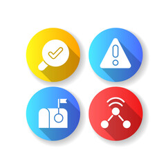 Modern interface usage flat design long shadow glyph icons set. Dangerous meassage for helping user. Not empty mail storage. Sharing data. Silhouette RGB color illustration