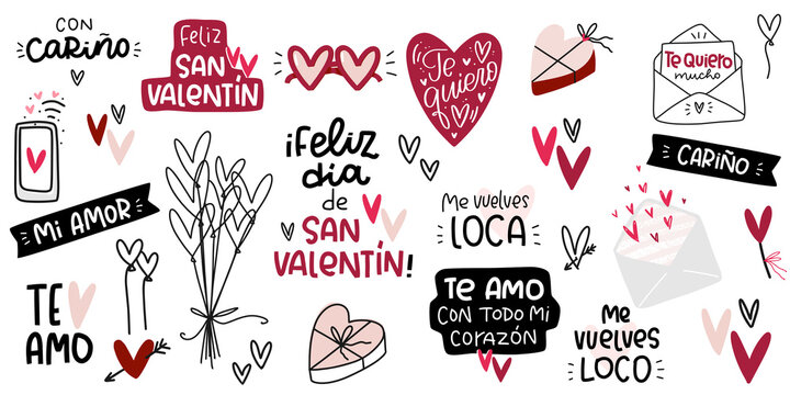 Valentines day common Spanish romantic phrases. Vector clip art set for cards. Text reads: with love, Happy Saint Valentines day, my love, I love you very much in variations, you drive me crazy.