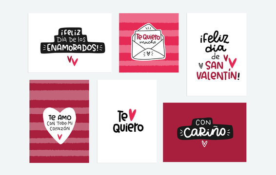 Valentine card set in Spanish language with common romantic phrases. Text reads: Happy day of lovers,  I love you very much, Happy Saint Valentines day, With love, I love you with all my heart.