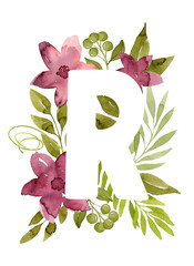 Floral Letter R with green leaves and pink flowers. Floral lettering. Green leaves lettering. Negative space lettering. 