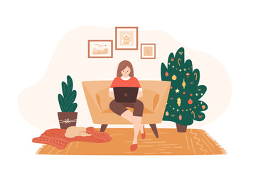 Young woman sitting on the chair and using laptop. Freelance girl working on new year's eve. Online shopping, studying or chatting concept. Vector Christmas interior. Cozy home with cute cat.