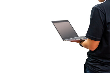 man or technician standing with his back with holding computer laptop during enter command information data for operated work isolated on white with clipping path