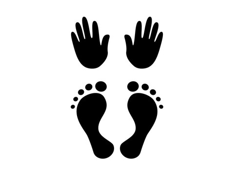 Babys hands and feet icon. Black childrens little handprint and footprints in family album for vector memory.
