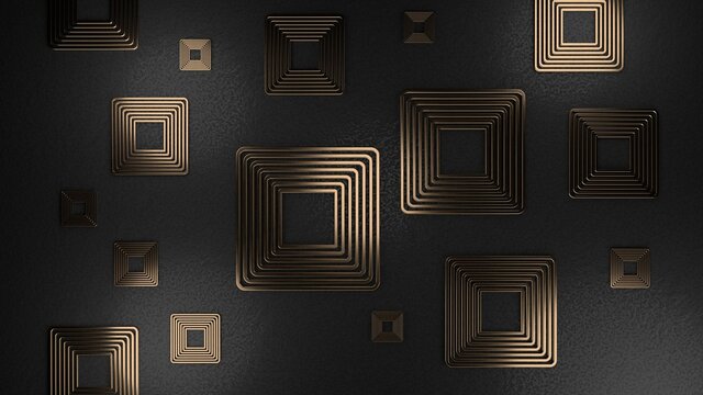 Copper squares pattern on black background, 3d render illiustration