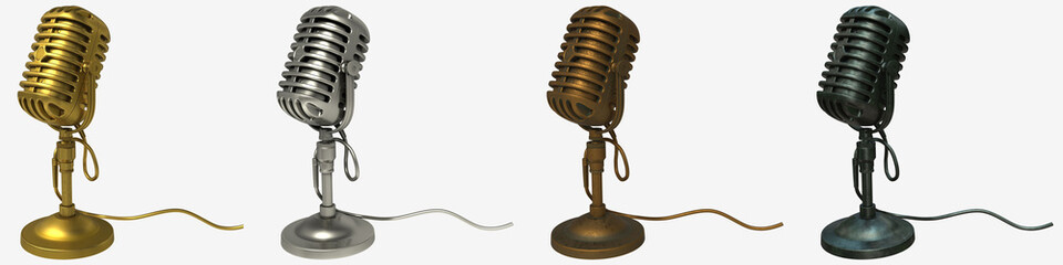 Set of awards - gold, silver, bronze and iron retro microphones. . 3D rendering	
