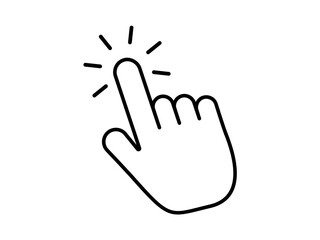 Finger presses button icon. Black hand touches index finger of abstract vector switch with strokes rays.
