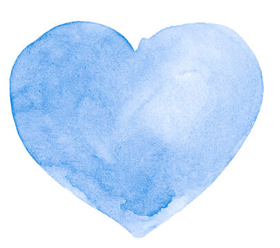 Blue watercolor heart shape, background with clear borders and natural splashes. Sky color watercolor brush stains. Copy space.