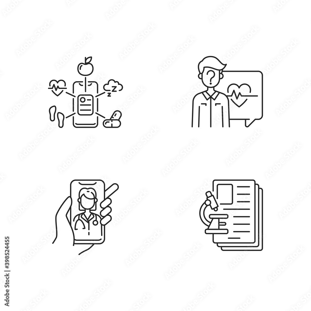 Poster healthcare service linear icons set. health data collection. anonymous question. video appointment. 