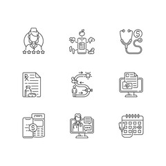 Medicine and healthcare linear icons set. Review doctor. Health data collection. Doctor check up cost. Customizable thin line contour symbols. Isolated vector outline illustrations. Editable stroke