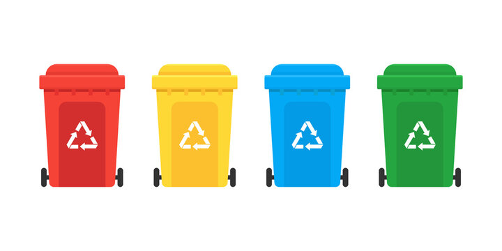 Recycle trash and garbage containers. Set of bins for different sorts of garbage. Waste management concept. Flat vector illustration