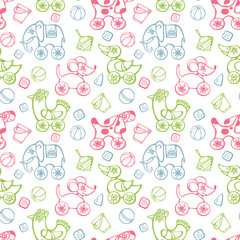 Seamless baby pattern. Multicolored contour images of toys on a white background.