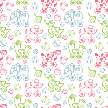 Seamless baby pattern. Multicolored contour images of toys on a white background.