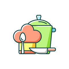 Cooking RGB color icon. Housewife chore, homemade food. Restaurant kitchen, professional cook occupation. Kitchenware and chef hat. Isolated vector illustration