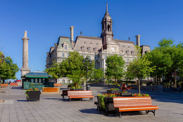 Nelson Column and the City Hall in jacques Cartier square, Montreal, Quebec, Canada