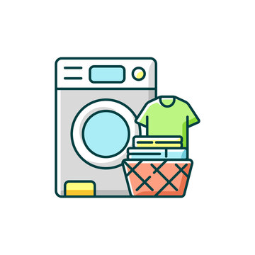 recommend clip art: Doing laundry RGB color icon. Washing clothing. Modern housekeeping chore, household work. Washing machine and clothes in basket. Isolated vector illustration