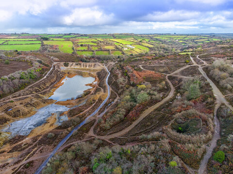 aerial drone image of old mining area united downs near Redruth tin and copper mining 