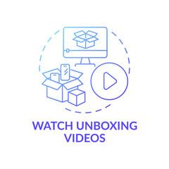 Watching unboxing videos concept icon. Informed customer tip idea thin line illustration. Showing product in use. Online reviews. Product endorsement. Vector isolated outline RGB color drawing