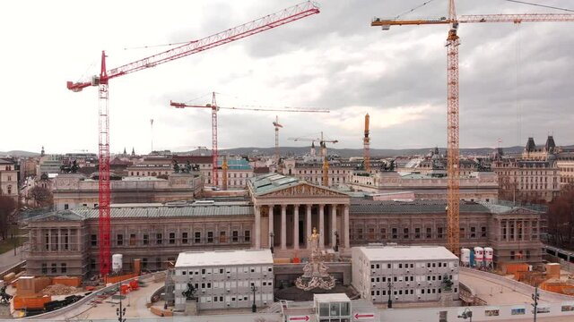 Austrian parliament in Vienna reconstruction aerial footage. Construction works in Vienna.