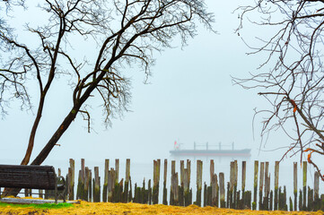 Fog shrouds freighter seen along the banks of the Columbia River