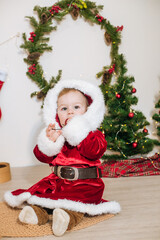 Little cute boy dressed as Santa near little Christmas trees. Christmas mood