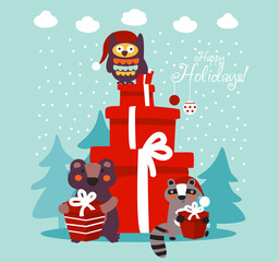 Funny animals with presents. Christmas and Happy Holidays vector card