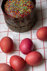 Easter. Easter cake with sweet red fondant and Easter eggs. Easter atmosphere
