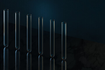 Chemistry glassware with dark background, 3d rendering.