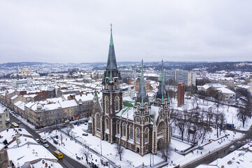 Aerial veiw on Elizabeth church in Lviv, Ukraine from drone