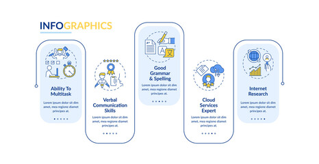 Personal assistant skills vector infographic template. VA responsibilities presentation design elements. Data visualization with 5 steps. Process timeline chart. Workflow layout with linear icons