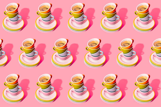 Pattern of stack of plates and coffee cups against pink background