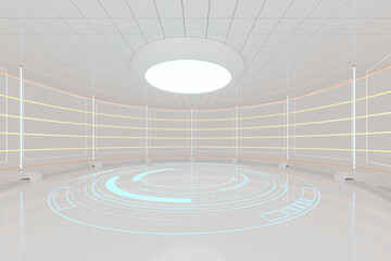 Creative round room, empty presentation room, 3d rendering.