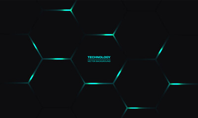 Black hexagonal technology vector background. Turquoise bright energy flashes under honeycomb in dark modern technology futuristic abstract background.