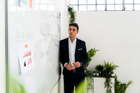 Handsome male professional looking at strategy on whiteboard in office