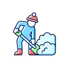 Hand shoveling RGB color icon. Removing huge amounts of snow with shovel. Hard work in winter. Cleaning area around your house. Isolated vector illustration