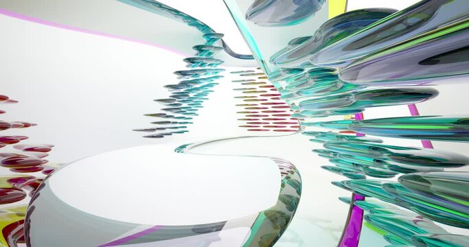 Abstract architectural background. Flying on a white minimalistic interior. Futuristic modern space. Stained glass sculpture. Array of fragments. Bright lighting. 3D animation and rendering.