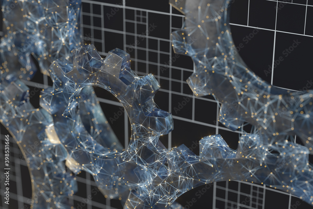 Poster mechanical gears and blueprint lines, 3d rendering.