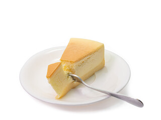 The close up of sliced yummy cheesecake bakery sweet dessert isolated on white background.