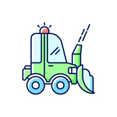 Snow blowing RGB color icon. Using machine for removing snow from area around your house. Cleaning service in winter. Isolated vector illustration